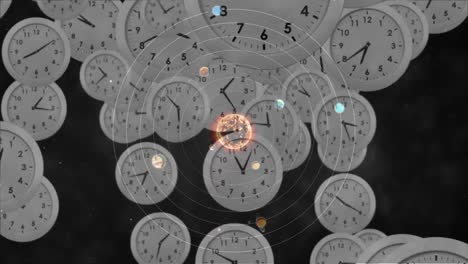 animation of solar systems, planets and space over clocks ticking