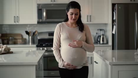 a joyful expecting mother in a modern kitchen, embracing her pregnancy journey while preparing for a new life in a cozy home environment