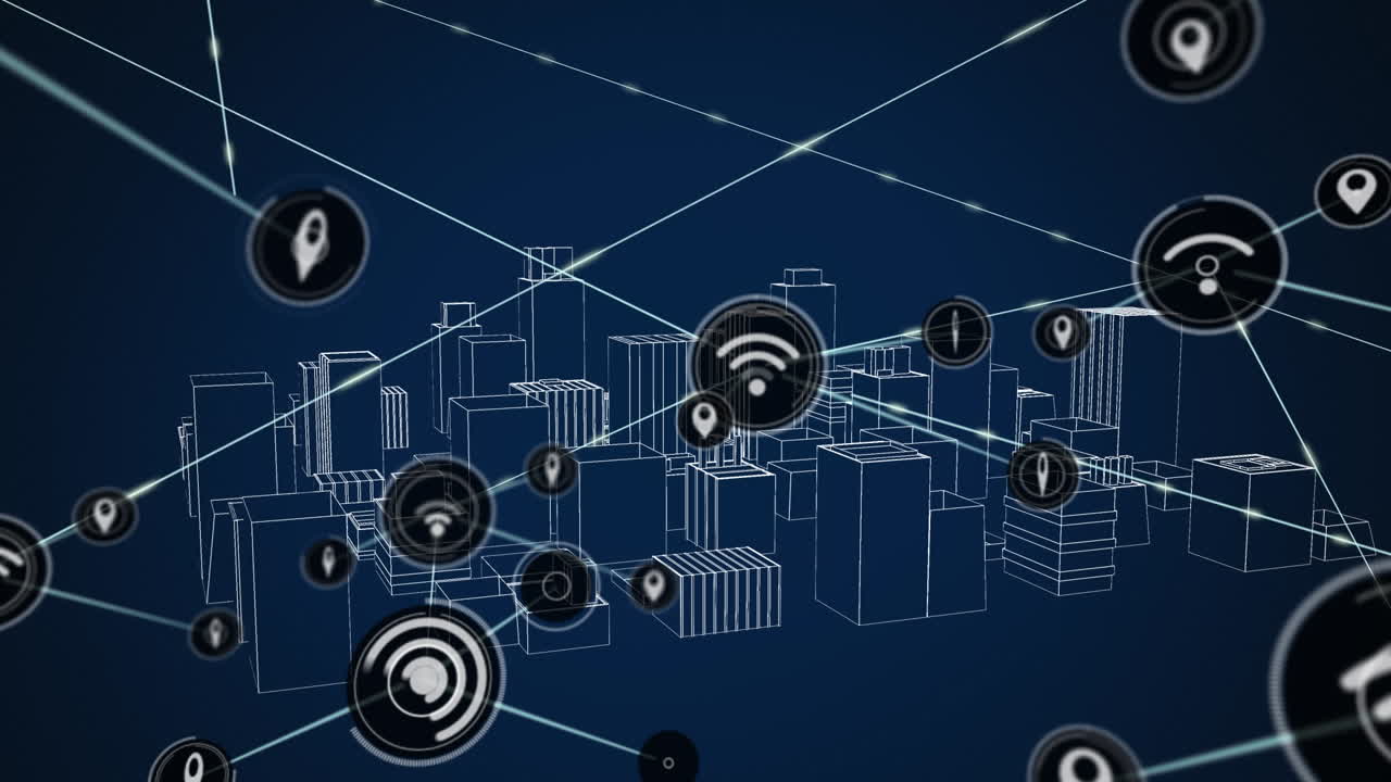 Animation of gps and wi-fi icons interconnecting with lines over digital modern buildings