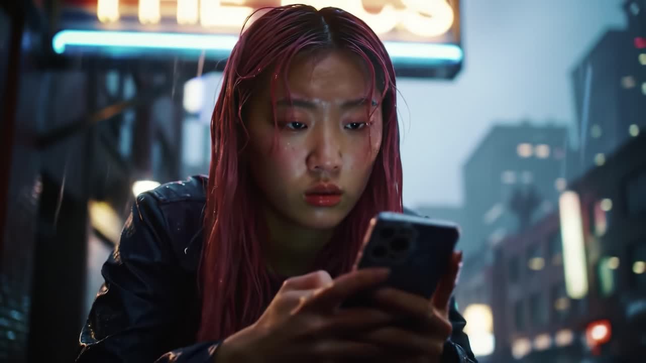 In a Rain-Soaked Urban Landscape, a Young Woman With Pink Hair Holds Her Phone, Expressing Emotion in a Pensive Moment Surrounded by Neon Lights and City Vibes