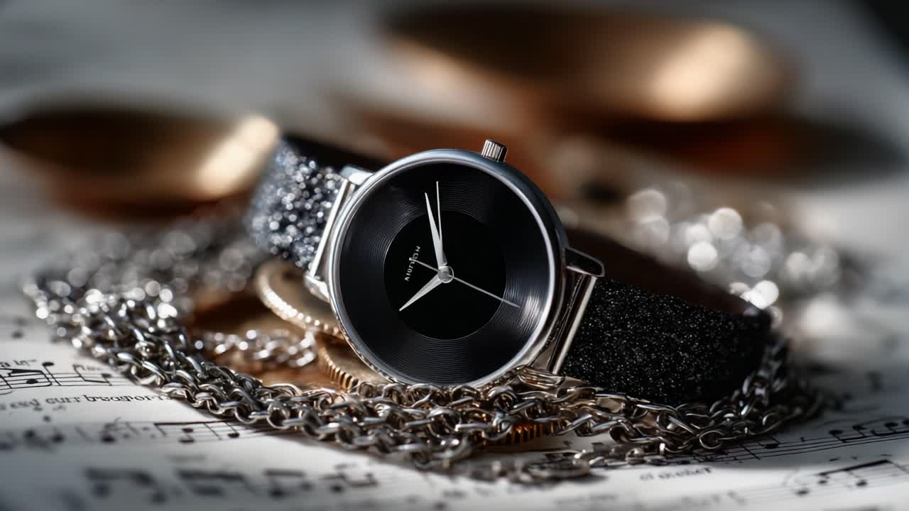 A Stunning Timepiece Glimmering Amidst Chain Accessories and Musical Notes, Perfectly Capturing Elegance and Precision in a Close-Up View of a Fashionable Watch