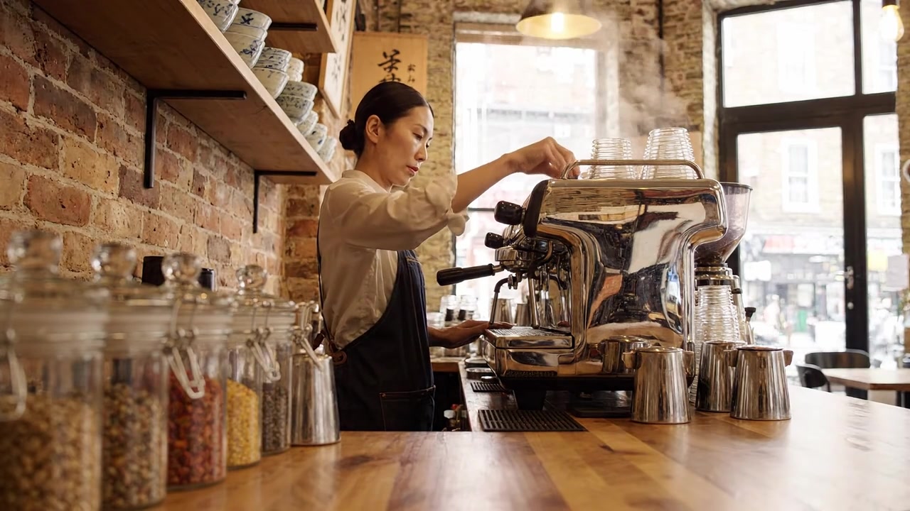 Barista al lavoro: Una scena accogliente di caffetteria con un focus su macchina da caffè espresso, bancone in legno e arredamento artigianale che evoca un'atmosfera calda e invitante.