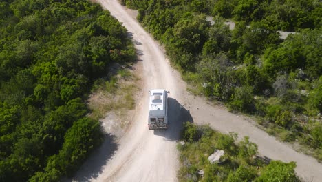 Campervan-driving-unpaved-road-along-lush-forest