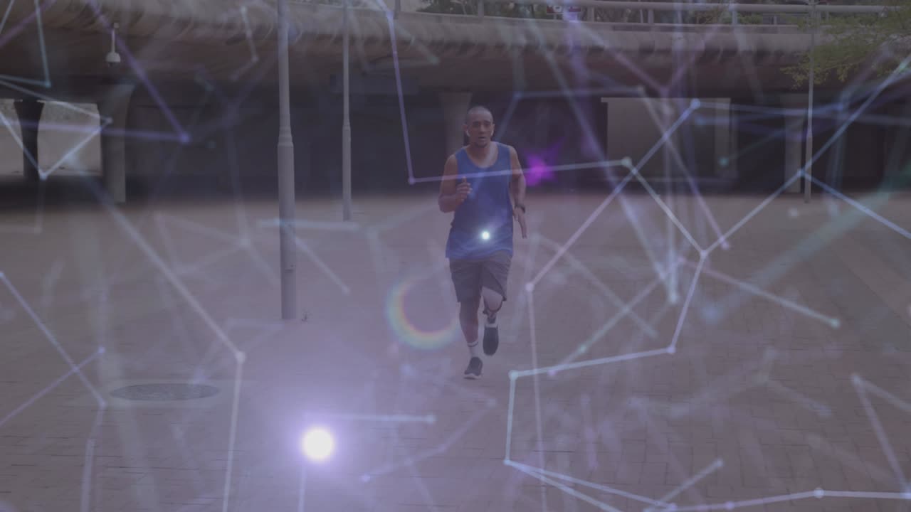 animación de una red de comunicación brillante sobre un atleta masculino con una pierna protésica corriendo