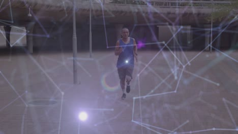 animación de una red de comunicación brillante sobre un atleta masculino con una pierna protésica corriendo