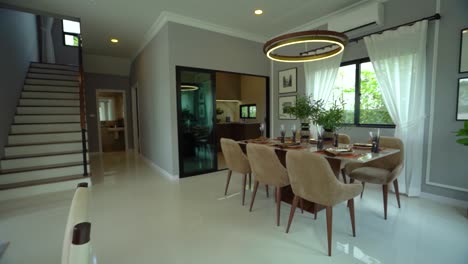 stylish beige and white dining area, open plan home decoration