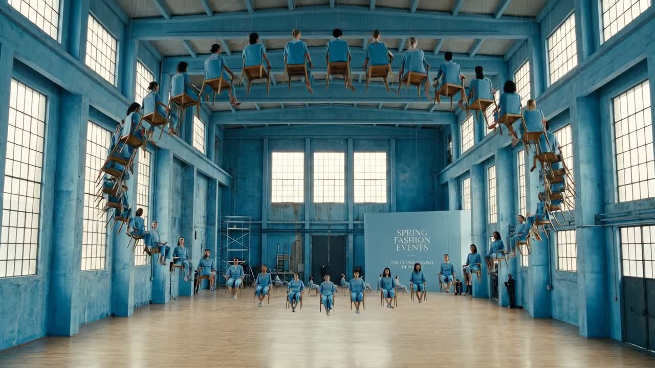 Performance Coreografata di Persone e Sedie in una Sala Industriale Blu