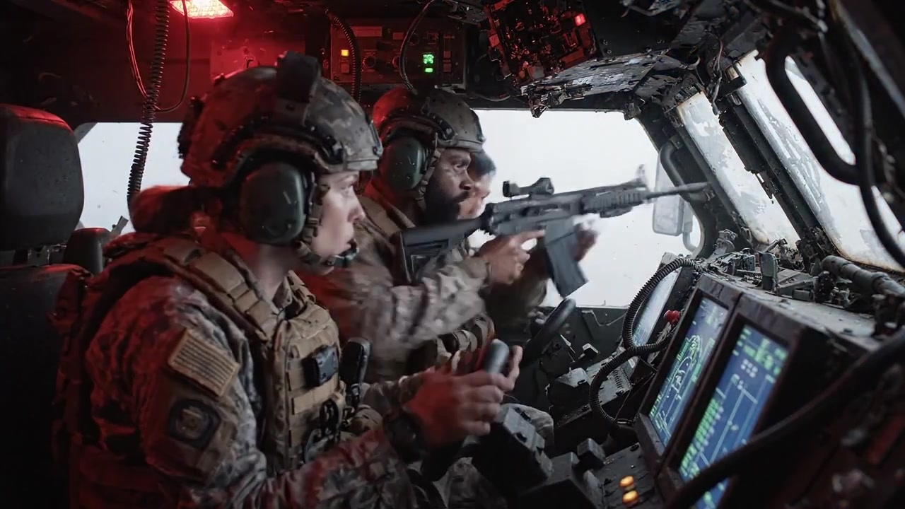 Momento intenso nella cabina di pilotaggio militare: soldati si preparano per la missione tra equipaggiamento ad alta tecnologia e prontezza tattica in un ambiente tempestoso.