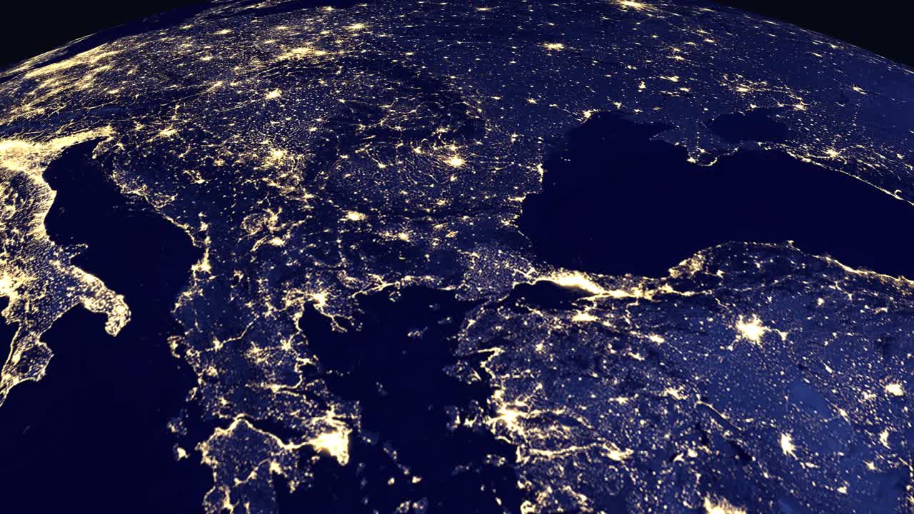 Digital animation zooms from deep space to illuminated city lights of Skopje, North Macedonia