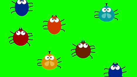 funny colored insects creep up on green screen, 2d animated cartoon, looping