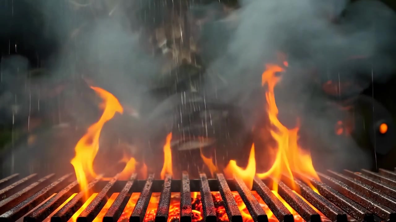 Griglia per barbecue calda con carboni ardenti, fumo e pioggia