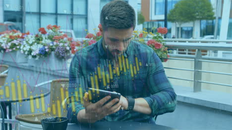 animation of financial data processing over caucasian businessman using tablet in cafe