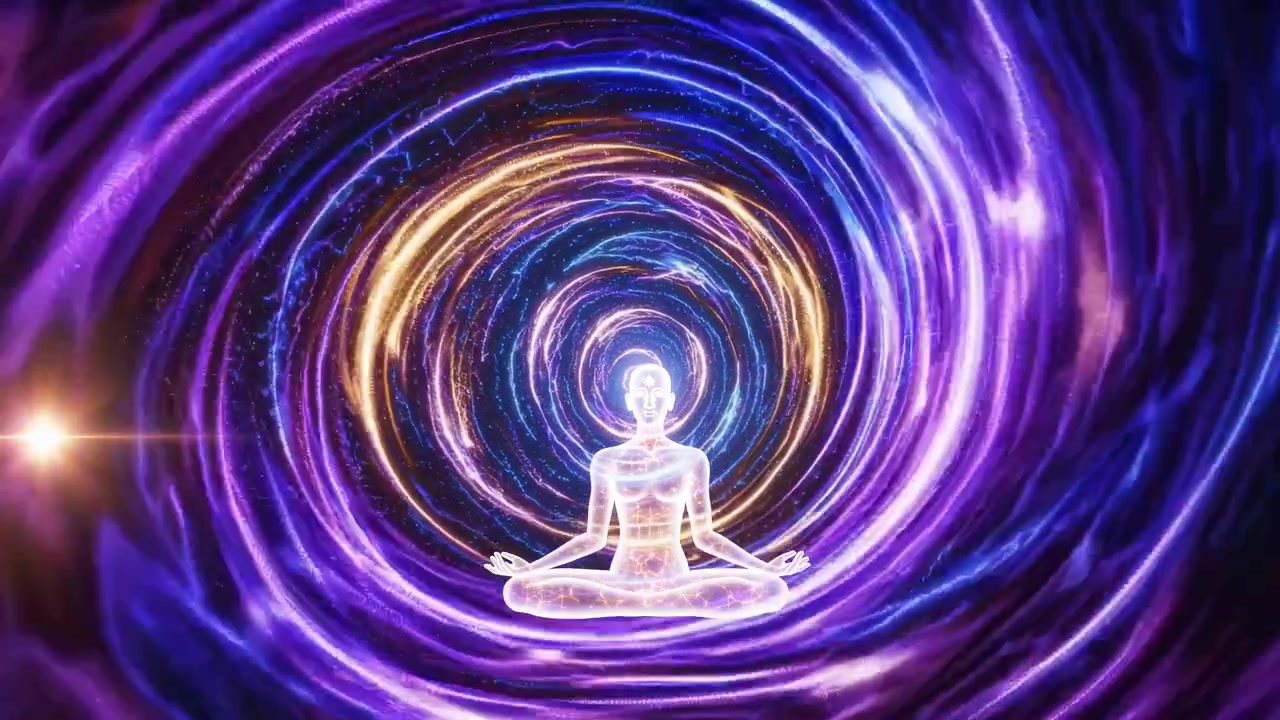 Figura umana in meditazione in un vortice di energia spirituale