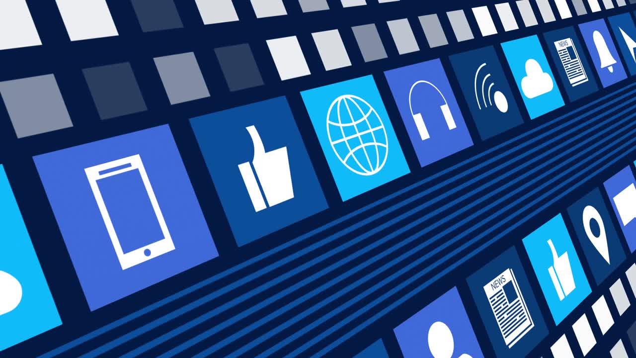 디지털 온라인 아이콘과 어두운 파란색 배경에 움직이는 파란색 줄무 ⁇ 의 애니메이션