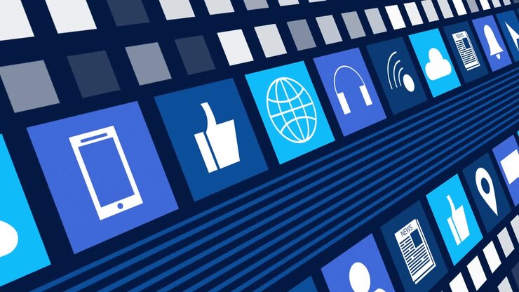 Animation of digital online icons and blue stripes moving on dark blue background