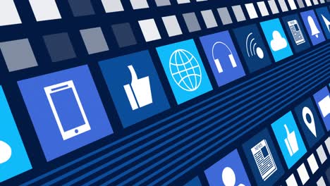 animación de iconos digitales en línea y rayas azules que se mueven sobre un fondo azul oscuro