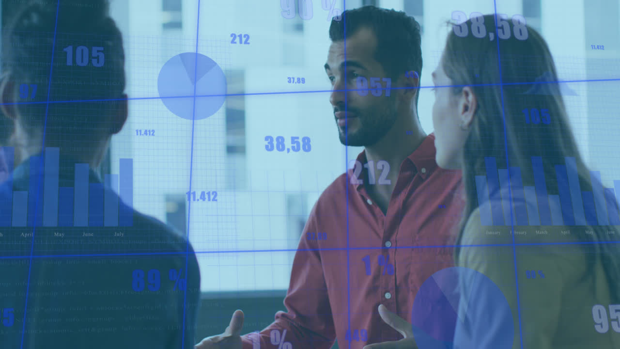 Animation of statistical data processing against diverse colleagues discussing together at office