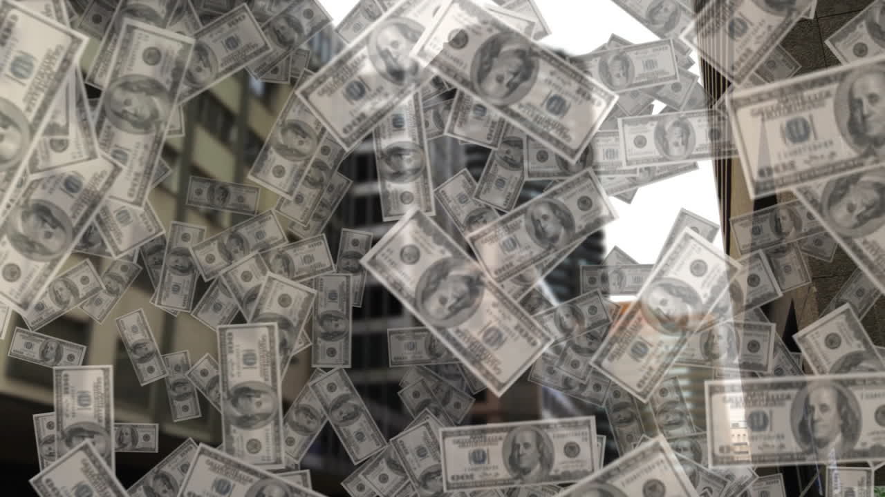 Falling dollar bills animation over business people in office building