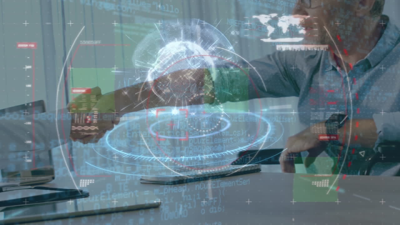 Footage depicts global office connections, research, and animated data analysis.