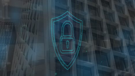 animation of light passing through security icon with coding against office building