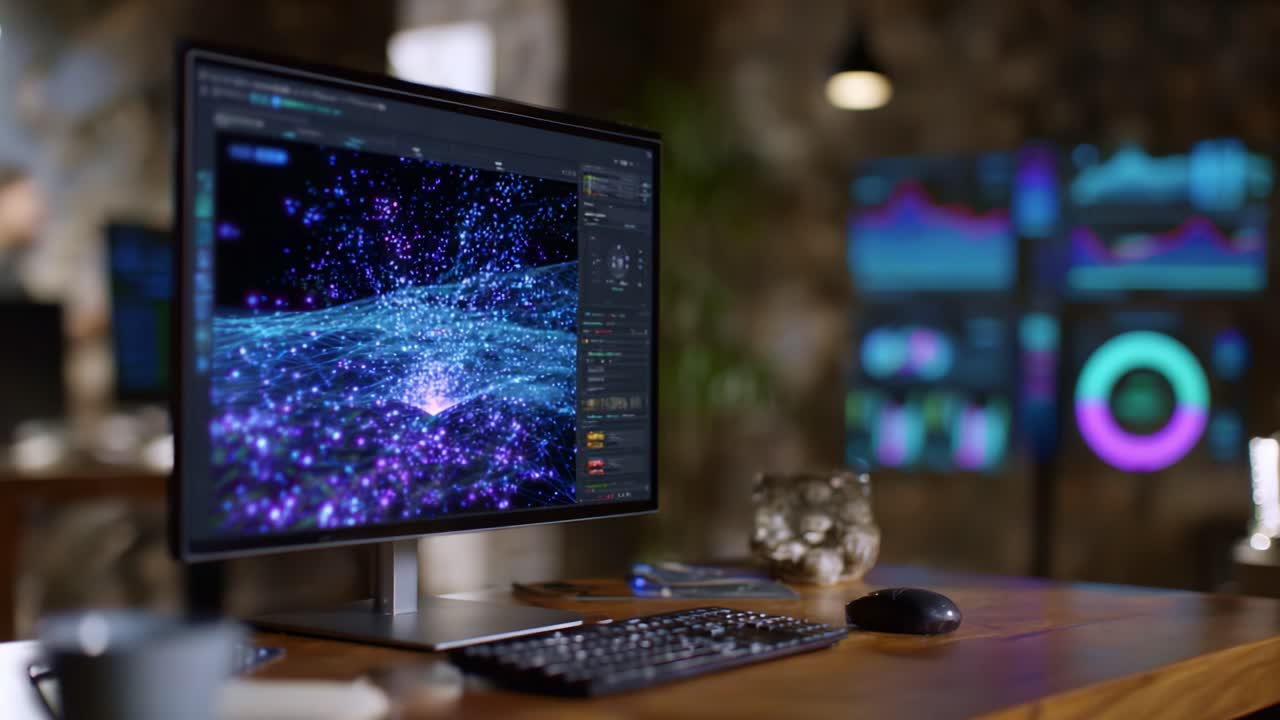 Captivating Digital Visualization on a Computer Screen Featuring Dynamic Particles and Vibrant Colors, Showcasing Advanced Graphics and Data Analysis Concepts