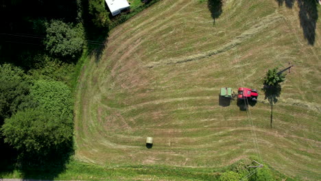 tractor with hay rolling equipment gathering heaps of straw hay and roles in bales - aerial top down view