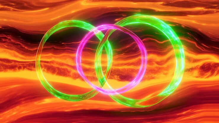 Neon Rings Over Molten Lava Backdrop Overlapping Pink And Green Glowing Circles Pulse Across Flowing Orange