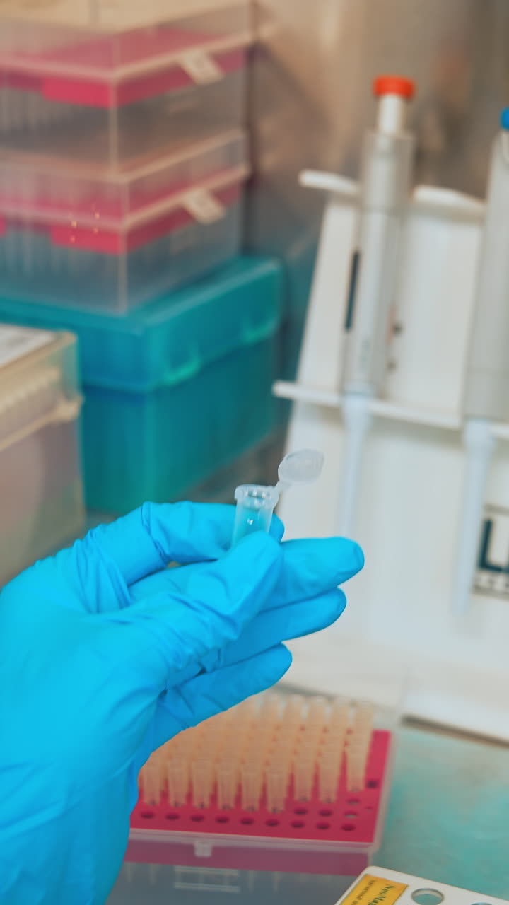 Hand holding test tubes in laboratory. Close up of test tube for taking patient specimen sample