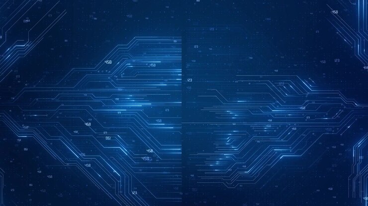 Sfondo dati circuito blu, percorsi elettronici, piccoli numeri, matrice punteggiata, profondità tecnologica scura