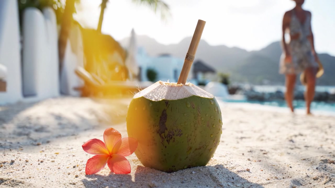 Refreshing Coconut Drink with a Straw Surrounded by Soft Sand and Tropical Flowers, Evoking Relaxation and Vacation Vibes by the Beautiful Shoreline