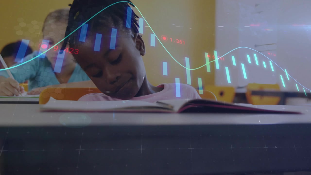 Girl student rotating white box at desk and activating finance chart animation before writing notes