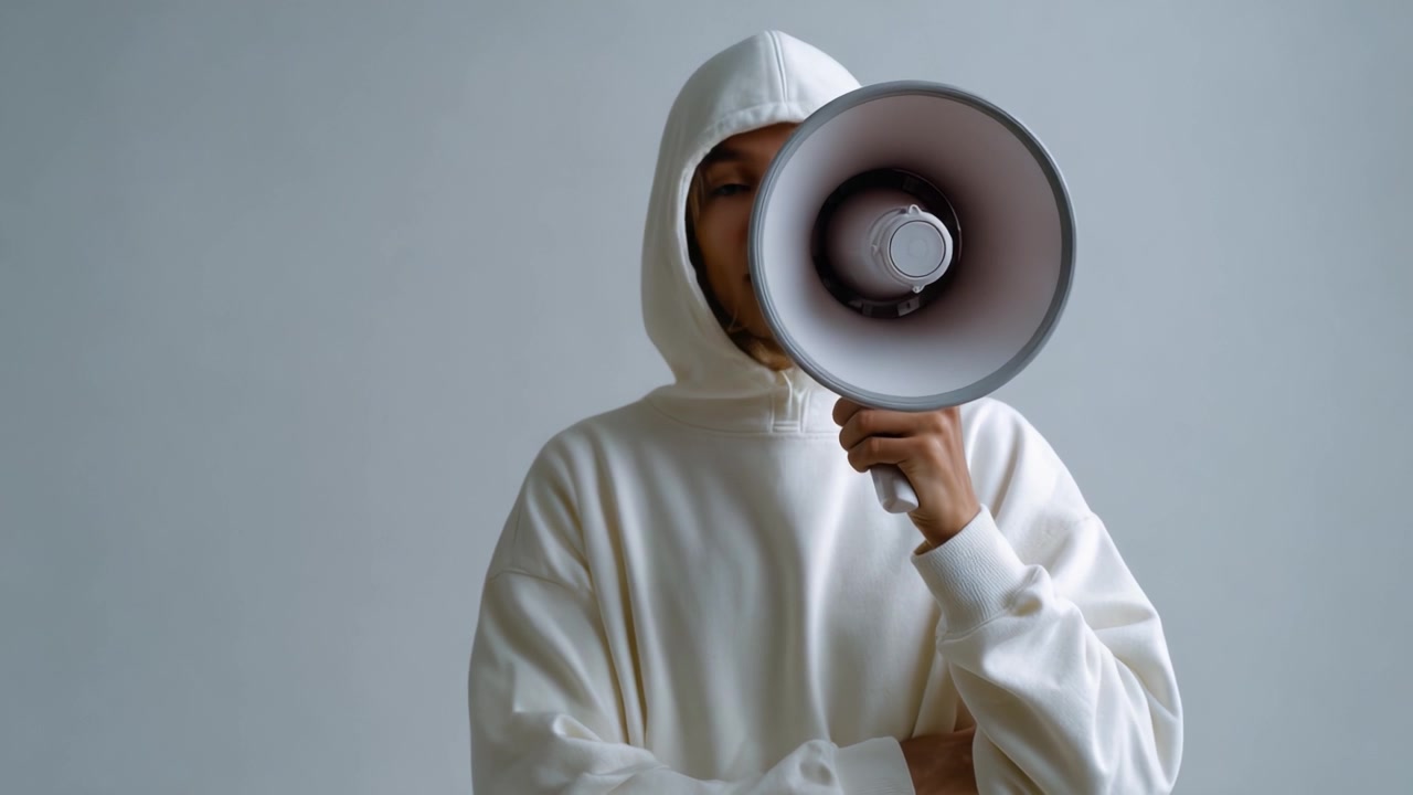 Beyaz kapüşonlu bir kişi, nötr bir arka plana sahip minimalist bir ortamda, güçlü bir mesaj veya eylem çağrısı ile özgüvenle megafon tutarak duruyor.