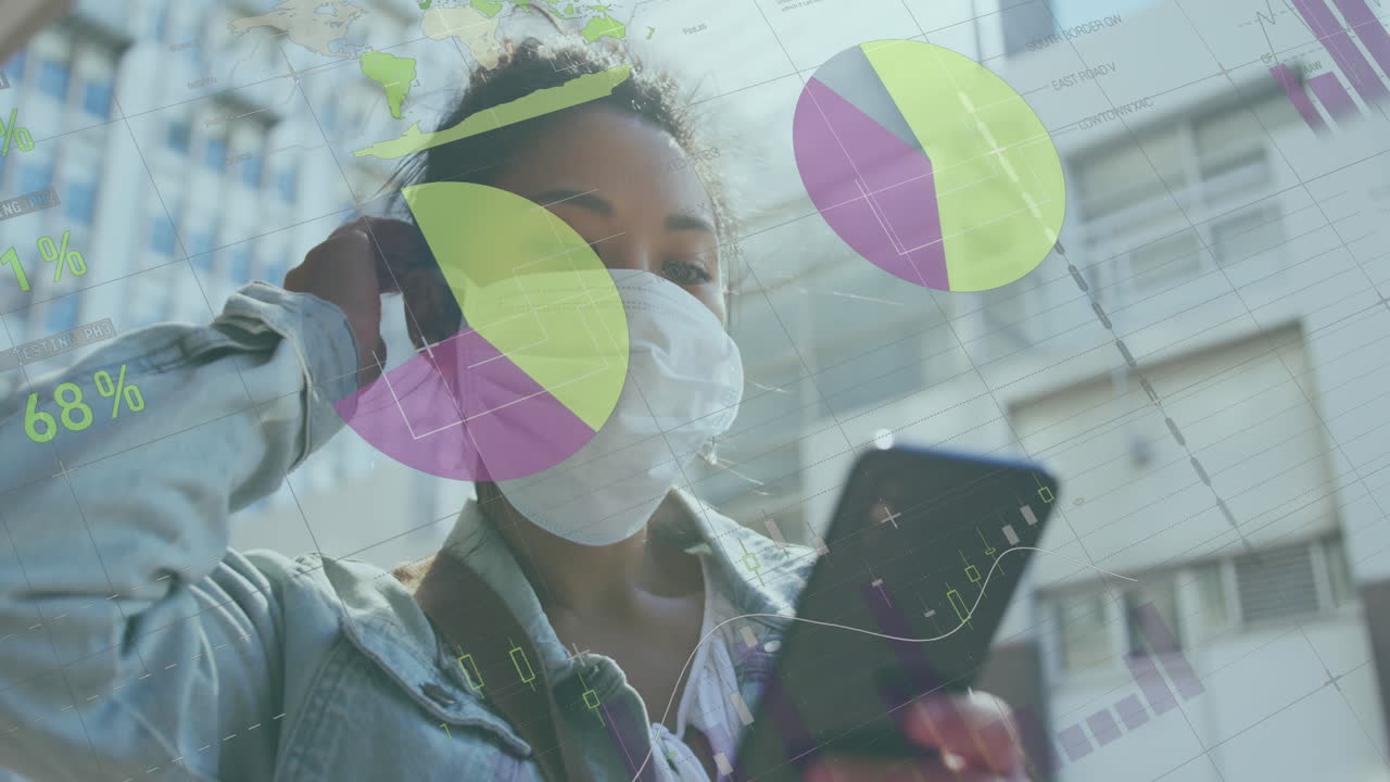 animación del procesamiento de datos financieros sobre una mujer de negocios que usa un teléfono inteligente