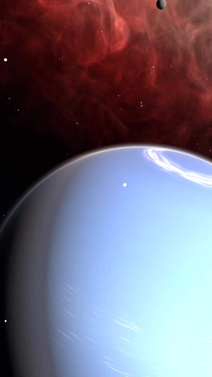 Vertical video: Panning camera upward over gas giant showing vortex, revealing nebula and moons