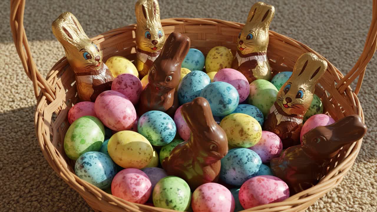 A Colorful Basket Filled with Chocolate Bunnies and Decorative Eggs, Celebrating the Joy of Springtime Festivities and Easter Traditions in a Cheerful Display