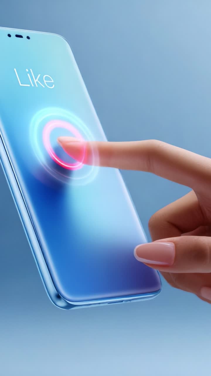 A close-up view of a hand interacting with a smartphone screen displaying a glowing 'Like' icon, highlighting digital engagement and modern technology in social media interfaces