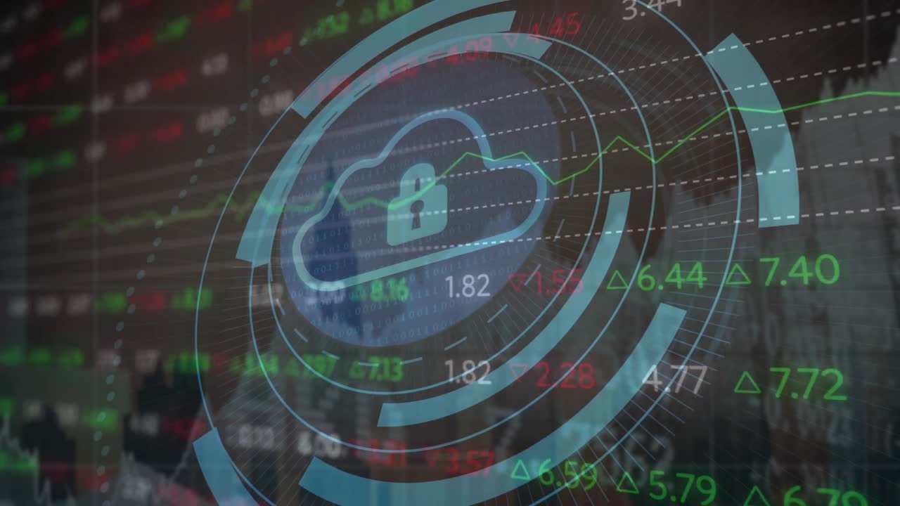 Animation of padlock in cloud and circles over graphs and trading board against buildings