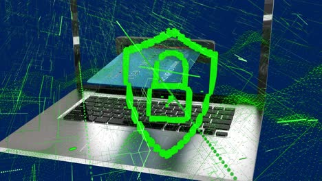 animation of digital shield with padlock over laptop on navy background