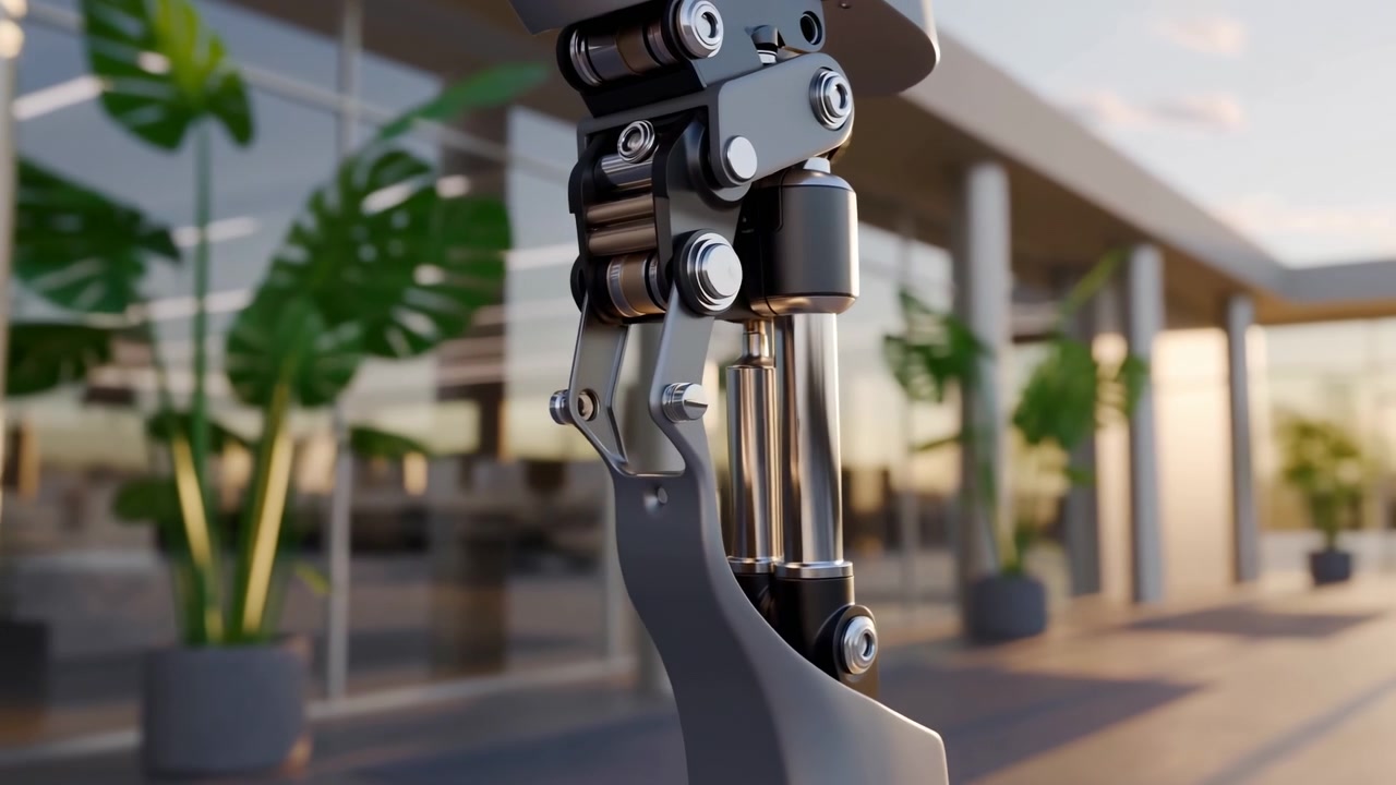 A close-up view of a metallic robotic arm joint in the foreground with warm daylight reflections, while a modern glass and steel building entrance remains