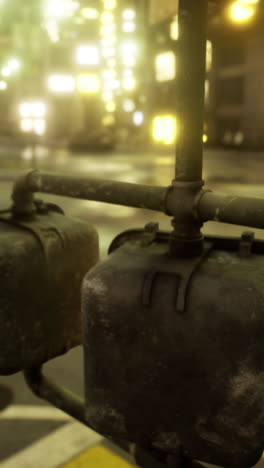 old traffic signal glowing softly in the quiet city street at night