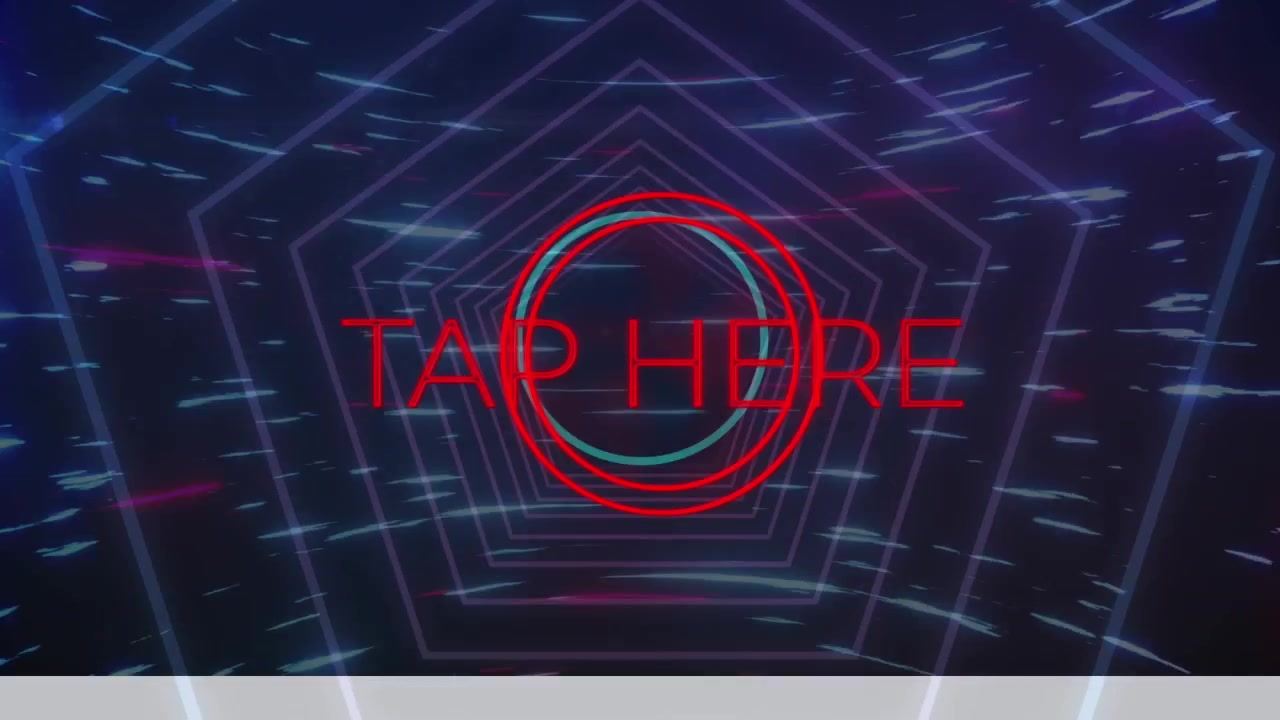Animation af glødende neon geometriske former og "tryk her" over mørk baggrund.