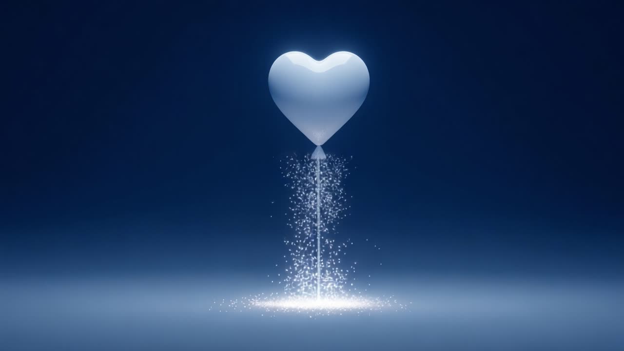 Floating White Heart Balloon Surrounded by Sparkling Dust in a Deep Blue Background, Capturing a Sense of Love and Magic in a Stunning Visual Representation