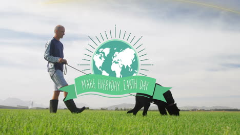 animation of make everyday earth day text over caucasian woman walking dog