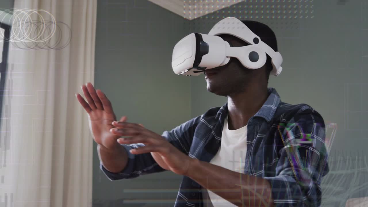 Man wearing white VR headset raising hands and swiping, HUD overlays responding for technology demo