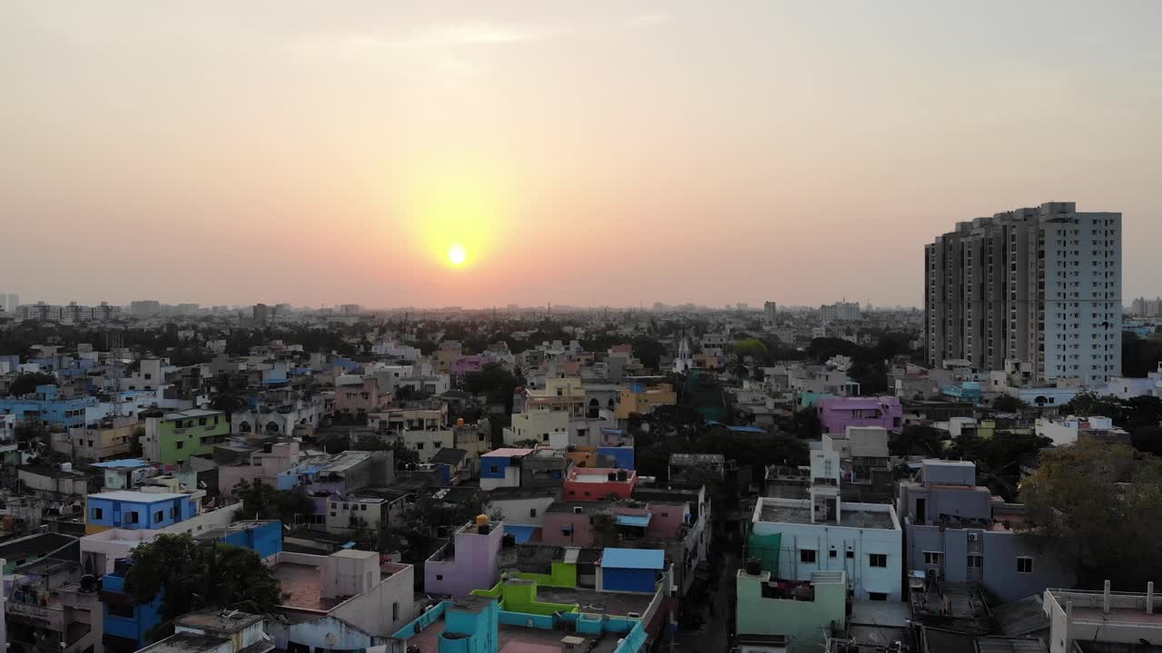 Aerial Shot of Sunrise in Chennai City During Lockdown. Chennai also is known as Madras is the capital of the Indian state of Tamil Nadu.