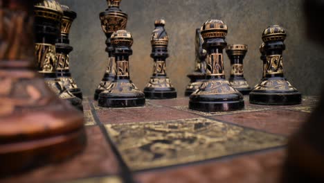 Flight-of-the-camera-between-vintage-chess.-Super-macro-close-up.