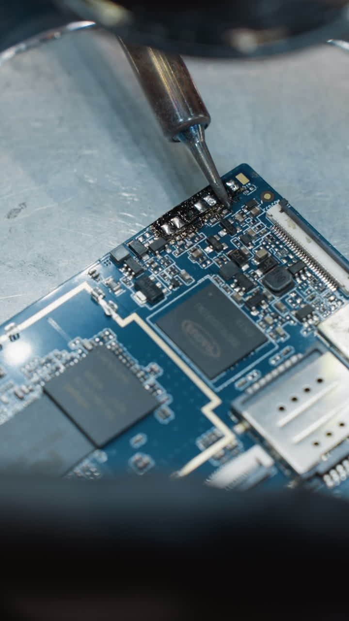 una vista de primer plano de un técnico soldando meticulosamente una placa de circuitos impresos con un soldador con el entorno iluminado