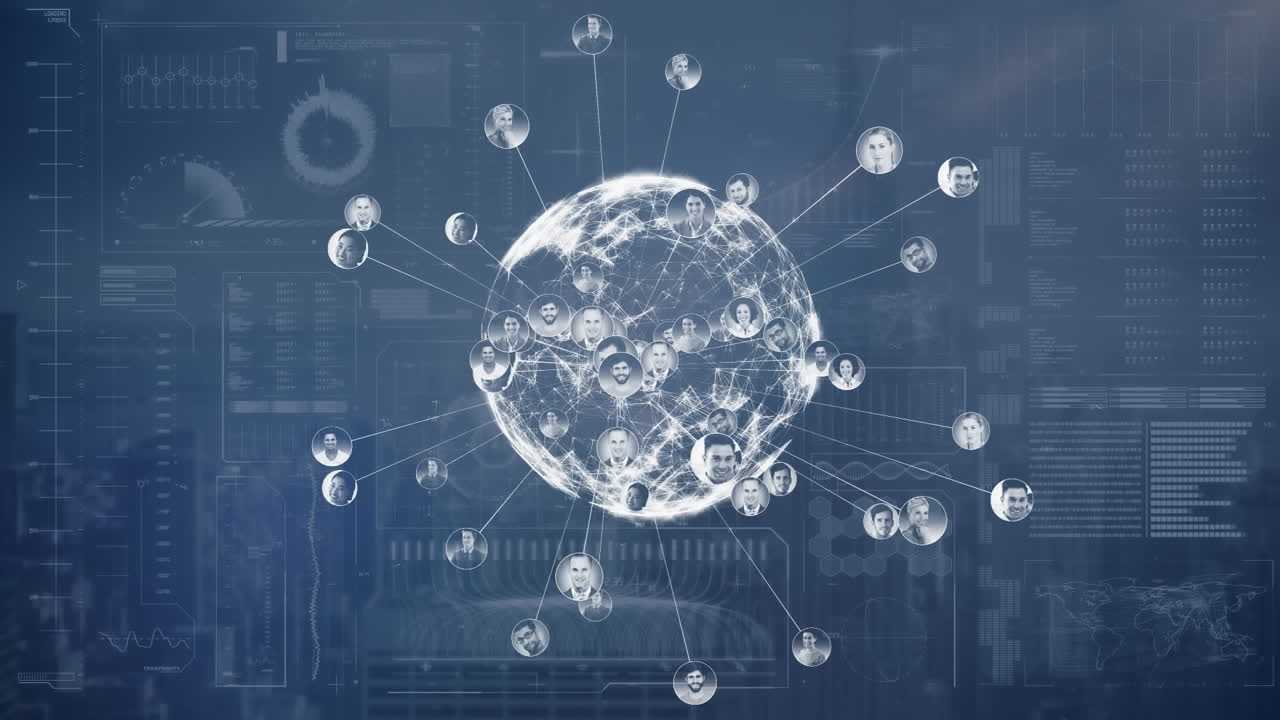 전 세계 프로필 사진의 애니메이션, 로딩 바, 현대 건물의 지도