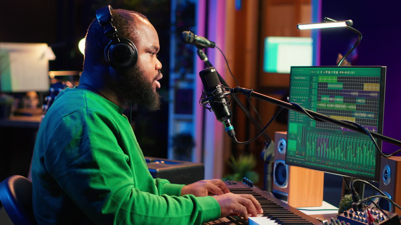 artista grabando nuevas pistas tocando notas de piano en un teclado electrónico
