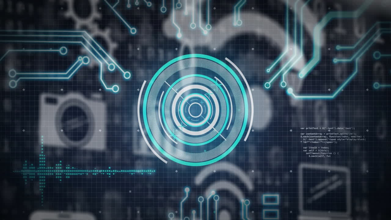 Digital animation of futuristic interface with circular patterns and circuit lines